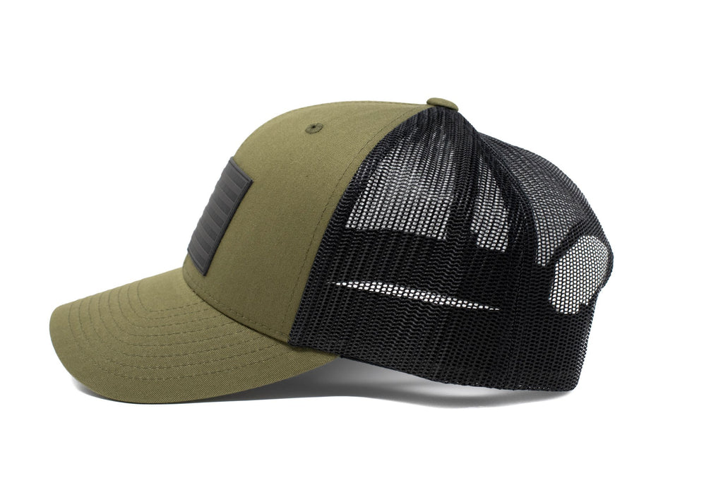 Green trucker hat with black leather American flag patch
