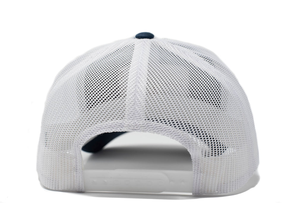 Navy trucker hat with brown leather American flag patch