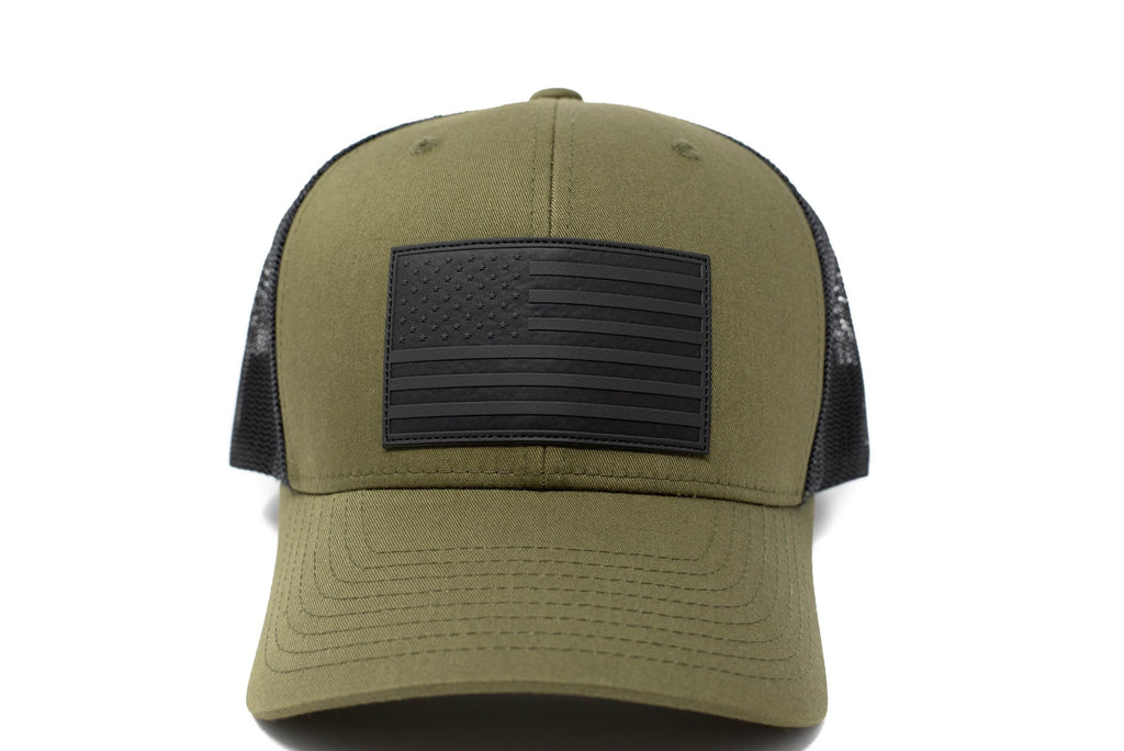 Green trucker hat with black leather American flag patch